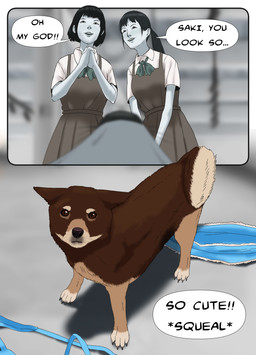 after_transformation asian brown_body brown_fur female feral forced fur group idol_group japanese red_ribbon serum solo species_transformation text transformation chuchumeco canid canine canis domestic_dog human mammal shiba_inu spitz absurd_res comic english_text hi_res monochrome