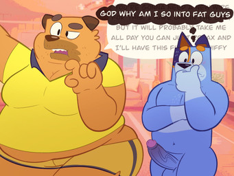 anthro anthro_on_anthro aroused balls belly belly_overhang big_belly big_penis bottomwear clothed clothed/nude clothing dialogue duo erection eyebrows foreskin fur genitals glans humanoid_genitalia humanoid_penis looking_at_another love_handles male male/male moobs navel nude open_mouth outside overweight overweight_anthro overweight_male penis shirt shorts standing teeth text thick_thighs thought_bubble toony topwear tuft vein anukkyt bluey_(series) sparky_(bluey) stripe_heeler australian_cattle_dog canid canine canis cattledog domestic_dog herding_dog mammal mastiff molosser pastoral_dog 2025 4:3 english_text hi_res