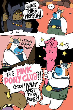 ambiguous_gender anthro armor belt biped black_text buckteeth chest_(container) clanging clanking clinking cloak clothing cloud club_(weapon) dialogue duo ellipsis headgear helmet holding_club holding_melee_weapon holding_object holding_staff holding_weapon horn horned_helmet humor jewelry male melee_weapon necklace one_eye_closed pun rummaging speech_bubble staff teeth text tongue tongue_out weapon white_body wink yellow_sclera billy_fore chappell_roan ambiguous_species canid canine canis domestic_dog mammal comic english_text hi_res