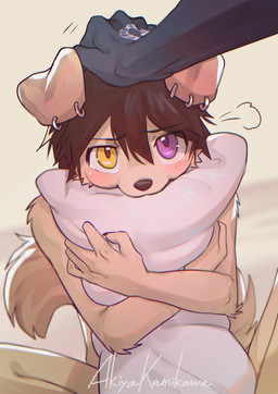 adolescent anthro blush brown_hair claws duo ear_piercing ear_ring female finger_claws first_person_view fluffy fluffy_tail folded_ears fur hair hug hugging_object hugging_pillow kemono looking_at_viewer male male/female nude nude_anthro nude_male offscreen_character piercing pillow purple_eyes ring_piercing slim slim_anthro slim_male solo_focus tail tan_body tan_fur yellow_eyes young young_anthro young_male akiya_kamikawa tokurinn canid canine canis domestic_dog mammal 2024 hi_res signature