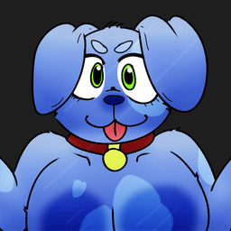against_surface anthro areola big_breasts blue_body blue_fur breasts collar female fluffy fur on_glass overweight screen solo tongue tongue_out thighhighpaws bluedogress canid canine canis domestic_dog mammal 1:1 hi_res