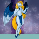 anthro blonde_hair bottomwear clothed clothing feathered_wings feathers hair hooves loincloth male solo tail topless wings foxenawolf chakona_space goldfur's_cogsverse sojourner_(goldfur) equid equine horse mammal 1:1