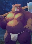 anthro asian_clothing belly big_belly bulge clothing detailed_bulge east_asian_clothing fundoshi japanese_clothing kemono male moobs night nipples outside overweight overweight_male plant solo tree underwear weapon white_clothing white_fundoshi white_underwear yakiniku bear mammal 2025 hi_res