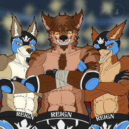 anthro cornered elbow_pads evil_grin faction glowing glowing_eyes group heel lunar_reign male mask nipples smile sports_mask sportswear tag_team trapped trio villian wrestler wrestling wrestling_clothing wrestling_gear wrestling_mask browncoyote mythology cameron_(browncoyote) chase_(coyshep) gardner_(lizard_luchador) canid canine canis coyote mammal mythological_canine mythological_creature werecanid werecanine werecreature werewolf 1:1 hi_res