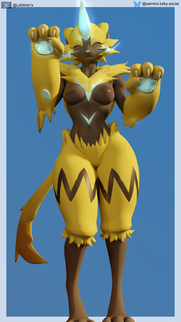anthro areola athletic athletic_female black_areola black_nipples breasts erect_nipples female fur genitals glowing glowing_markings looking_at_viewer markings medium_breasts nipples nude nude_anthro nude_female slim small_waist solo tail thick_thighs vulva yellow_body yellow_fur samtrix warfaremachine_(modeler) nintendo pokemon warfare_zeraora felid feline generation_7_pokemon legendary_pokemon mammal pokemon_(species) zeraora 3d_(artwork) 4k 9:16 absurd_res digital_media_(artwork) hi_res