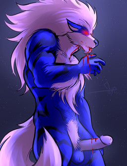 alternate_color anthro anthrofied balls biceps big_balls big_penis blood blue_body blue_fur bodily_fluids empty_eyes erection fur genitals humanoid_genitalia humanoid_penis male muscular muscular_anthro muscular_male penis pokemorph pubes purple_body purple_fur red_eyes solo bgn nintendo pokemon arcanine canid canine generation_1_pokemon mammal pokemon_(species) vampire 2013 digital_media_(artwork) hi_res