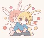 :< anthro blush duo fur hug kneeling male paws pink_body pink_fur simple_background white_background yellow_body yellow_fur buke3jp lagomorph leporid mammal rabbit