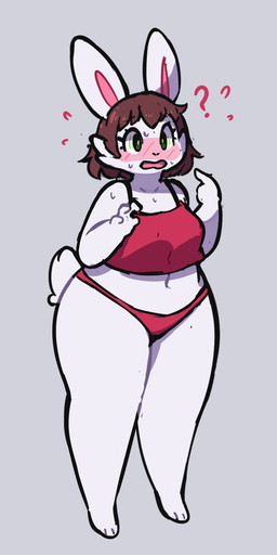 4_fingers anthro barefoot blush brown_hair clothing embarrassed feet female fingers gesture green_eyes hair hand_gesture navel open_mouth pointing pointing_at_self question_mark short_hair simple_background solo standing surprised underwear white_body wide_hips eerieviolet lagomorph leporid mammal rabbit 2020 hi_res