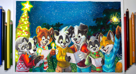 anthro bottomwear candle candlelight cheek_tuft christmas_clothing christmas_tree clothed clothing detailed_background dipstick_tail eyewear facial_tuft feet_together footwear fully_clothed gloves_(marking) group happy head_tuft holidays light male markings multicolored_tail night open_mouth open_smile pants plant plantigrade shirt shorts smile tail tail_markings topwear tree tuft young young_anthro pandapaco christmas art_(pandapaco) biro_(pandapaco) julio_(pandapaco) nemo_(pandapaco) parinton rocky_(pandapaco) roni_(imroni) bear border_collie canid canine canis collie domestic_dog fox giant_panda herding_dog mammal pastoral_dog procyonid raccoon sheepdog 2021 signature traditional_media_(artwork)