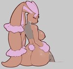 absurd_res anthro big_breasts big_butt breasts brown_body brown_fur butt dibujosv12 female fur generation_6_pokemon grey_background hi_res looking_at_viewer looking_back looking_back_at_viewer mega_evolution mega_lopunny nintendo nipples pokemon pokemon_(species) purple_body purple_fur rear_view shiny_pokemon simple_background solo