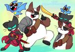 ambiguous_gender anthro cute_fangs eye_patch eyewear fangs green_eyes group heart_symbol male melee_weapon pegleg robot_arm slightly_chubby smile sword teeth toony trio weapon vdru7 cartoon_network mao_mao:_heroes_of_pure_heart adorabat badgerclops sheriff_mao_mao_mao badger bat domestic_cat felid feline felis mammal mustelid musteline