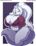 anthro belly big_breasts big_butt border breasts butt clothed clothing curvy_figure deep_navel female fur hair half-closed_eyes hand_on_breast huge_breasts lingerie narrowed_eyes navel overweight overweight_anthro overweight_female plushie smile solo thick_thighs toony white_body white_border white_fur white_hair wide_hips nekocrispy krystal_(k9wolf) canid canine canis mammal wolf 2019 digital_media_(artwork)