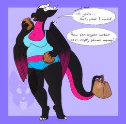 2_horns 4_claws 4_fingers 4_toes anthro asking asking_how asking_self back_wings barefoot belly big_breasts biped black_body black_ears black_membrane black_scales black_text black_wings blue_bottomwear blue_clothing blue_shirt blue_shorts blue_tank_top blue_topwear border bottomwear breasts burger claws clothed clothed_anthro clothed_female clothing countershade_neck countershade_scales countershade_tail countershade_torso countershading eating ellipsis eyelashes eyes_closed feet female female_anthro fingers folded_wings food front_view holding_bag holding_burger holding_food holding_object horn interjection linked_speech_bubble membrane_(anatomy) membranous_wings non-mammal_breasts open_mouth paper_bag pink_body pink_countershading prehensile_tail purple_border red_mouth scales shirt shorts simple_background snout solo sound_effects speech_bubble standing tail tank_top text thick_thighs three-quarter_view tiptoes toes topwear vowelless vowelless_vocalization weight_gain white_claws white_horn white_speech_bubble wings strawberrymilkdog european_mythology mythology rosa_(highcaloriesand) dragon mythological_creature mythological_scalie scalie western_dragon 2022 colored english_description english_text full-length_portrait hi_res portrait watermark