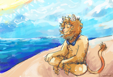 anthro beach eyes_closed eyewear goggles male mane peaceful_expression sand sea sitting smile solo sun swimming_goggles water doppelknight solaris_regulus felid lion mammal pantherine