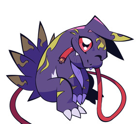 chewing claws cute_fangs fangs feral fur male one_eye_closed purple_body purple_fur red_eyes smile solo teeth wink wire digitaltillo bandai_namco digimon digimon_(species) elecmon absurd_res hi_res