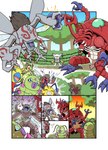 anthro blush cheering feral fighting_ring green_body group horn male mandibles referee yellow_body narome_and_levy bandai_namco digimon digimon_(species) fanbeemon kunemon megakabuterimon okuwamon oleamon wormmon absurd_res comic hi_res