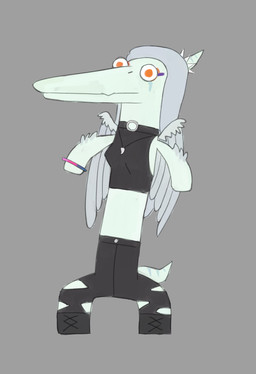 anthro big_eyes black_bottomwear black_clothing black_crop_top black_pants black_shirt black_topwear blue_body bone_frill bottomwear bracelet breasts clothed clothed_anthro clothed_female clothing collar crop_top elbow_feathers feathered_wings feathers female frill_(anatomy) front_view grey_background grey_body grey_feathers grey_hair hair jewelry long_hair long_torso markings medium_breasts midriff necklace neutral_expression non-mammal_breasts orange_eyes pants pose shirt short_tail simple_background solo spiked_collar spikes standing striped_markings stripes tail topwear torn_bottomwear torn_clothing torn_pants wings nekomuro goodbye_volcano_high ko_op_(game_developer) fang_(gvh) prehistoric_species pterosaur reptile scalie colored full-length_portrait hi_res meme portrait