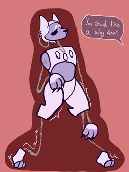ambiguous_gender anthro chain hypno_(inhabitedartist) machine nervous offscreen_character power_button pushbutton shaking solo trembling unsteady inhabitedartist tamagotchi fan_character animate_inanimate robot robot_dog 3:4 absurd_res hi_res