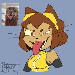 anthro breasts brown_body brown_hair clothing eyebrows eyewear eyewear_on_head fangs female goggles goggles_on_head hair magenta_eyes open_mouth photo_reference simple_background solo teeth tongue tongue_out whiskers yellow_sclera lightwavedrake_(artist) gameoverse glitch_productions kit_bodega domestic_cat felid feline felis mammal 1:1 2026 guide_lines hi_res