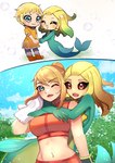 aged_up arm_around_neck bff blonde_hair bubble childhood clothing crossover_ship duo female female/female hair hug interspecies one_eye_closed plant romantic romantic_couple shirt short_hair split_form tank_top topwear towel tree wink biyontran league_of_legends metroid nintendo riot_games tencent nami_(lol) samus_aran human humanoid mammal marine merfolk absurd_res crossover hi_res