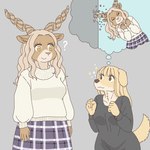 anthro clothed clothing duo female horizontal_pupils horn kemono pupils question_mark spiral_horn sweater thought_bubble topwear ekaki510 bird_dog bovid canid canine canis caprine domestic_dog domestic_sheep golden_retriever hunting_dog mammal racka retriever sheep 1:1