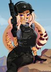 5_fingers anthro arm_support belt black_nose bottomwear breasts brown_body brown_fur bulletproof_vest clothing countershading day detailed_background electronics exposure_variation facial_markings female fingers fur gloves gradient_hair gun hair handwear hat head_markings headgear headphones headwear holding_gun holding_object holding_ranged_weapon holding_weapon long_hair looking_at_viewer markings military military_uniform multicolored_body multicolored_fur outside pants pink_hair purple_eyes ranged_weapon rifle shirt sitting solo text text_on_clothing text_on_topwear text_on_vest topwear two_tone_body two_tone_fur uniform vest weapon yellow_body yellow_fur artolvrsmth alexandra_(velocitycat) cheetah felid feline mammal artist_name english_text hi_res