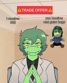 anthro biped black_clothing black_shirt black_topwear business_suit clothed clothed_anthro clothed_female clothing detailed_background disability female freckled_face freckles front_view green_body green_hair green_scales grey_eyes hair half-closed_eyes hands_together inside jacket medium_hair narrowed_eyes necktie office paraplegic plushie scales shirt sitting smile solo suit suit_jacket text topwear vehicle wheelchair white_clothing white_jacket white_topwear yellow_sclera big_daddy_(artist) cavemanon_studios i_wani_hug_that_gator trade_offer olivia_halford baryonyx dinosaur prehistoric_species reptile scalie spinosaurid theropod 2024 colored english_text hi_res meme