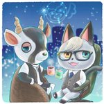 anthro beverage clothing container cup duo eyewear glasses heterochromia horn jewelry looking_at_viewer male necklace necktie pawpads sitting star steam topwear vest squeeze_sio animal_crossing nintendo raymond_(animal_crossing) zell_(animal_crossing) antelope bovid domestic_cat felid feline felis gazelle mammal 1:1 hi_res