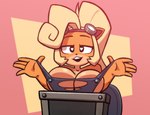 2022 activision anthro bandicoot big_breasts blonde_hair breast_rest breasts cleavage clothed clothing coco_bandicoot crash_bandicoot_(series) eyewear eyewear_on_head female front_view goggles goggles_on_head hair heart_eyes heart_symbol humanoid_hands mammal marsupial off_shoulder open_mouth orange_body overalls partially_clothed solo yopy