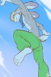 anthro biped blonde_hair bottomwear clothed clothing cloud feet hair hindpaw jumping long_ears male outside pants paws scarf sky skyscape solo toes topless patto killerbunnys lagomorph leporid mammal rabbit 2010 2:3