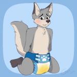 anthro arms_tied biped blush bodily_fluids bound chest_tuft clothed clothing diaper genital_fluids kneeling looking_at_viewer male simple_background solo tuft unclean_diaper urine used_diaper wearing_diaper wet_diaper wetness_indicator wetting cookiebandit pakun canid canine canis mammal wolf 1:1 2019 absurd_res hi_res