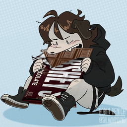 ambiguous_gender anthro biped black_bottomwear black_clothing black_hoodie black_shorts black_topwear blush blush_lines bottomwear brown_hair candy chocolate chocolate_bar clothed clothed_anthro clothing dessert dotted_background ear_piercing eating food footwear hair hoodie pattern_background piercing poisoned self-harm shoes shorts simple_background sitting solo tail tail_motion text topwear salamanding hershey's joan_(salamanding) canid canine canis domestic_dog mammal 2_frame_animation 2d_animation animated artist_name digital_media_(artwork) english_description frame_by_frame loop watermark female_(lore)