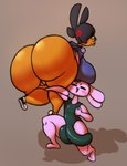 anthro balls big_breasts big_butt big_penis blush breasts butt clothing cross-popping_vein duo female genitals huge_butt jacket male orange_body penis purple_body pussy thick_thighs topwear jovi_cap jovi_cap_(oc) lagomorph leporid mammal rabbit hi_res