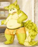 anthro balls biped black_nose boxer_briefs clothing eyebrows flaccid fluffy fluffy_tail genitals green_eyes kemono lime_fur male moobs navel nipples open_mouth overweight overweight_anthro overweight_male penis solo standing tail torn_clothing underwear wardrobe_malfunction mti777 hi_res