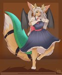 4_toes anthro big_ears blue_eyes brown_body brown_fur clothing cosplay dipstick_tail feet female fur green_tail heterochromia markings pink_nose pink_tongue scales scaly_tail solo tail tail_markings toes tongue wings yellow_eyes celestbrook miss_kobayashi's_dragon_maid rose_dandy-ba tohru_(dragon_maid) canid canine fennec_fox fox hybrid mammal mink mustelid musteline true_fox true_musteline