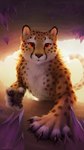 5_fingers ambiguous_gender black_nose cave claws crystal detailed_background feral fingers fur looking_at_viewer markings orange_eyes paws red_eyes solo spots spotted_body spotted_fur tan_body tan_fur white_body white_fur neotheta kesh_(pojodan) cheetah felid feline mammal 9:16 hi_res