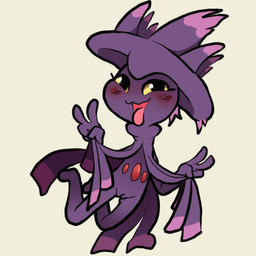 blush clothed clothing clothing_lift dress dress_lift female genitals innie_vulva not_furry simple_background solo tongue tongue_out vulva itsunknownanon nintendo pokemon generation_4_pokemon ghost humanoid mismagius pokemon_(species) spirit 1:1 hi_res