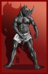 5_fingers abs anthro border bottomwear boxers_(clothing) boxers_only bulge clothed clothing feet fingers green_eyes holding_bulge horn humanoid_feet humanoid_hands logo looking_at_another male muscular muscular_anthro muscular_male navel nipple_piercing nipples piercing plantigrade pubes red_background red_border scar shadow simple_background solo topless underwear underwear_only white_bottomwear white_boxers white_clothing white_underwear astaraelabhorsen mammal rhinoceros 2012 artist_logo digital_media_(artwork) hi_res