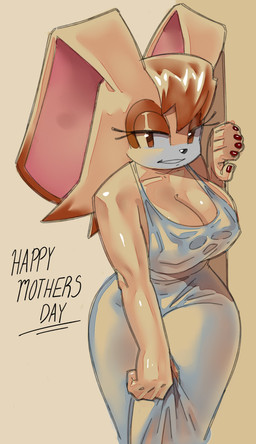 anthro big_breasts big_ears black_nose breasts brown_body brown_eyes brown_fur cleavage clothed clothing colored_nails dipstick_ears dress ear_markings eyelashes female floppy_ears front_view fur head_tuft holidays long_ears looking_at_viewer lop_ears multicolored_ears nails red_nails simple_background smile solo tan_background tan_body tan_fur text thick_thighs tuft white_clothing white_dress wide_hips johnboyx mother's_day sega sonic_the_hedgehog_(series) vanilla_the_rabbit lagomorph leporid mammal rabbit absurd_res hi_res