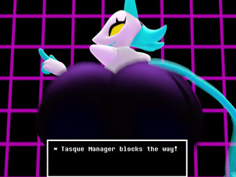 anthro armless back_boob big_butt black_body blue_hair breasts bubble_butt butt butt_focus disembodied_hand eyelashes female finger_wag game_ui geometric_background grid_background hair huge_butt medium_breasts multicolored_body music pattern_background pointy_nose rear_view shaking_butt shoulder_pads simple_background smile solo tail text text_box white_body yellow_eyes sound_warning woodworkssfm deltarune undertale_(series) tasque_manager darkner felid feline mammal robot_anthro 2021 3d_(artwork) 3d_animation animated digital_media_(artwork) english_text short_playtime sound source_filmmaker_(artwork) video