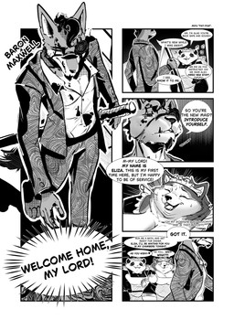 anthro big_butt blazer blood bodily_fluids breasts butt chubby_cheeks clothing dialogue duo eye_patch eyewear female maid_apron maid_hat maid_headdress maid_uniform male male/female melee_weapon overweight overweight_anthro overweight_female sword text uniform weapon wide_hips ruby_panda_(artist) bear canid canine giant_panda mammal absurd_res comic english_text hi_res monochrome