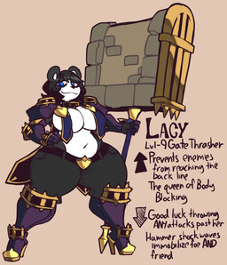 anthro armor belt breasts clothing fantasy female gameplay_mechanics hammer maul solo text thick_thighs tools jinti lacy_(bosstones) bear giant_panda mammal english_text