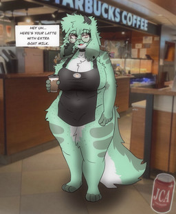 anthro apron apron_only barbell_piercing big_breasts black_apron black_clothing breast_milk_in_a_cup breasts choker clothing coffee_cup container cup dialogue ear_piercing ear_ring ear_stud eyebrow_barbell eyebrow_piercing eyewear facial_piercing female fur glasses green_body green_fur green_hair hair holding_container holding_cup holding_object horn humanoid_hands jewelry looking_at_viewer milk necklace open_mouth photo_background piercing pink_tongue ring_piercing round_glasses solo speech_bubble standing tail talking_to_viewer text thick_thighs tongue wearing_glasses white_body white_fur yellow_body yellow_fur junicanart starbucks juniper_(junicanart) bovid caprine goat mammal digital_drawing_(artwork) digital_media_(artwork) english_description english_text hi_res mixed_media photography_(artwork)