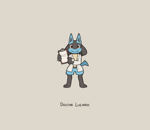 ambiguous_gender anthro chest_spike clipboard clothing coat doctor english_honorific gesture grey_background hand_gesture hand_spike holding_clipboard holding_object honorific lab_coat looking_at_viewer pointing simple_background smile solo spikes spikes_(anatomy) standing text topwear sqshiiijelly nintendo pokemon generation_4_pokemon lucario pokemon_(species) 2020 english_text hi_res species_name