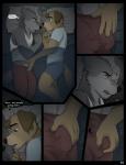 2018 5_fingers andrew_oleander anthro anthro_on_anthro bed bedding bird_dog black_nose blanket blue_eyes blush bodily_fluids bottomwear brown_body brown_eyes brown_fur bulge bulge_fondling bulge_grab canid canine canis clothed clothing comic cooper_estevez crotch_grab detailed_background detailed_bulge dialogue directional_arrow domestic_dog duo english_text eye_contact eyes_closed facing_each_other fingers flaccid fully_clothed fur furniture genital_fluids genital_outline genitals golden_retriever grey_body grey_fur grope hand_on_penis hi_res humanoid_genitalia humanoid_penis hunting_dog jackaloo looking_at_another lying male male/male mammal on_bed on_side open_mouth pants penis penis_grab penis_outline pillow pink_tongue precum retriever shirt speech_bubble tan_body tan_fur text thought_bubble tongue tongue_out topwear translucent under_covers underwear wolf