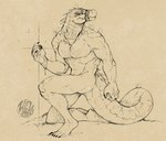 anthro bracelet chest_tattoo claws feet jewelry looking_back male mouth_strap nude solo spikes tail tattoo zinthings dislyte lilith_games daylon_(dislyte) sobek arthropod butterfly crocodile crocodilian insect lepidopteran reptile scalie