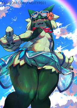 3_fingers anthro biped blue_sarong blush blush_lines bottomwear bracelet breast_curtains breasts clothing cute_fangs detailed_background eyelashes eyewear eyewear_on_head fangs female fingers flower flower_on_head fur genitals glistening glistening_body glistening_fur green_body green_fur holowear_(pokemon) jewelry looking_at_viewer low-angle_view medium_breasts mostly_nude multicolored_body open_mouth open_smile orange_flower plant red_body red_eyes sarong smile solo sunglasses sunglasses_on_head teeth thick_thighs tongue translucent translucent_bottomwear translucent_clothing vulva white_eyewear white_sclera white_sunglasses agitype01 nintendo pokemon pokemon_unite beach_style_meowscarada felid generation_9_pokemon mammal meowscarada pokemon_(species) hi_res