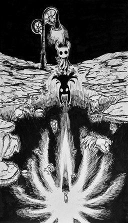 2_horns ambiguous_gender biped black_body black_eyes cloak clothing group horn melee_weapon nail_(weapon) royalty standing street_lamp weapon weapon_on_back white_eyes sharpski hollow_knight_(franchise) team_cherry pale_king_(hollow_knight) shade_(hollow_knight) the_knight_(hollow_knight) arthropod vessel_(species) 2025 absurd_res hi_res monochrome