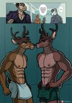 abs anthro antlers bambi bambi_(film) biceps canid canine canis clothed clothing comic countershading deer dialogue disney domestic_dog english_text equid equine group haplorhine hi_res horn kappax locker_room male mammal monkey mule_deer muscular muscular_anthro muscular_male new_world_deer nipples nose_to_nose pecs primate ronno speech_bubble text topless towel wrestling_singlet