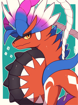 ambiguous_gender border fur green_background kemono looking_at_viewer orange_eyes red_body red_fur side_view simple_background solo white_border inukami_hikari nintendo pokemon ancient_pokemon apex_build_koraidon generation_9_pokemon koraidon legendary_pokemon paradox_pokemon pokemon_(species) 2023 hi_res signature